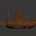 Vintage Copper Rusted Water Vehicle With Propeller Observation Tower Round Windows And Deck Railings