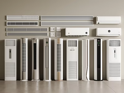 Various White Air Conditioner Fan Models Neatly Arranged In Modern 3d model