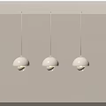 Three Modern White Dome Shaped Pendant Lights Hanging From Ceiling Bar