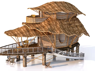 Tropical Garden Landscape With Thatched Roof Wooden Structure Multi Level Balcony Slide And Deck Chairs 3d model