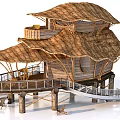 Tropical Garden Landscape With Thatched Roof Wooden Structure Multi Level Balcony Slide And Deck Chairs