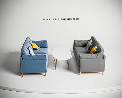 Leisure Sofa Combination With Blue And Grey Seats Yellow Pillows And White Coffee Table 3d model