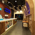 Restaurant Interior With Brick Wall Wooden Counter Stools And Nautical Decor