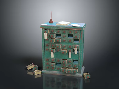 Green Entryway Side Cabinet With Multiple Labeled Drawers And Small Boxes 3d model