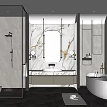 Modern Elegant Bathroom With Glass Shower Marble Vanity Freestanding Bathtub And Wall-Mounted Shelves