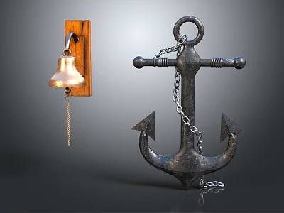 Vintage Bell On Wooden Plaque And Rustic Anchor With Metal Chain 3d model