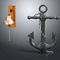 Vintage Bell On Wooden Plaque And Rustic Anchor With Metal Chain