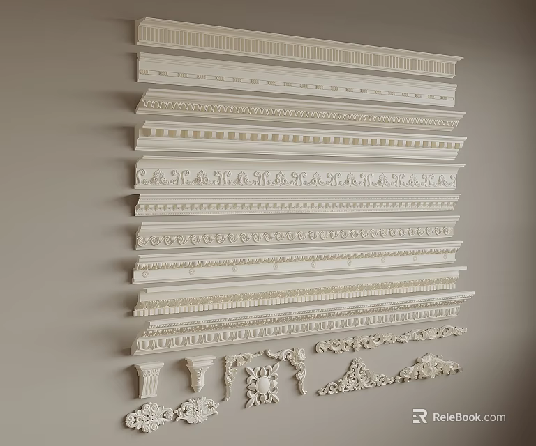 Different Styles of Decorative Gypsum Mouldings with Ornate Patterns and Intricate Details Displayed on Wall 3d model 