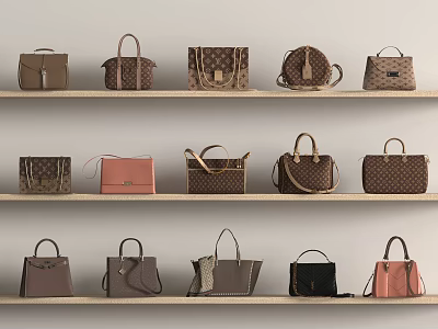 Stylish Assorted Designer Bags Displayed on Wooden Shelves with Various Colors and Patterns 3d model