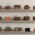 Stylish Assorted Designer Bags Displayed on Wooden Shelves with Various Colors and Patterns