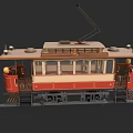 Vintage Electric Tram with Red and Beige Classic Design on Tracks and Wooden Interior