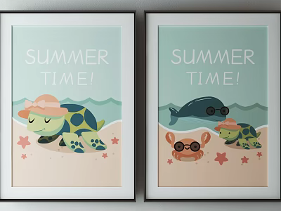 Two Framed Summer Theme Prints With Turtle Dolphin Beach And Starfish 3d model