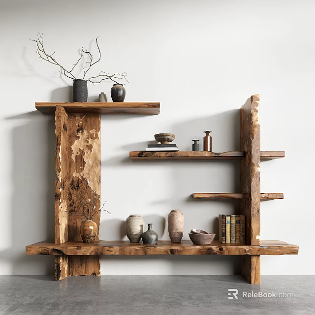 Natural Wooden Shelving Unit With Decorative Vases Books And Ceramic Items 3d model 