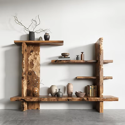 Natural Wooden Shelving Unit With Decorative Vases Books And Ceramic Items 3d model