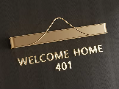 Shiny Gold Metal Welcome Home 401 Address Billboard With Dark Background 3d model