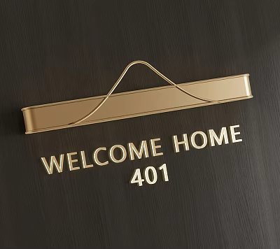 Shiny Gold Metal Welcome Home 401 Address Billboard With Dark Background 3d model