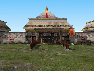 Traditional Mongolian Yurt Style Architecture With Golden Roof Red Decorations Enclosure Walls And Courtyard 3d model