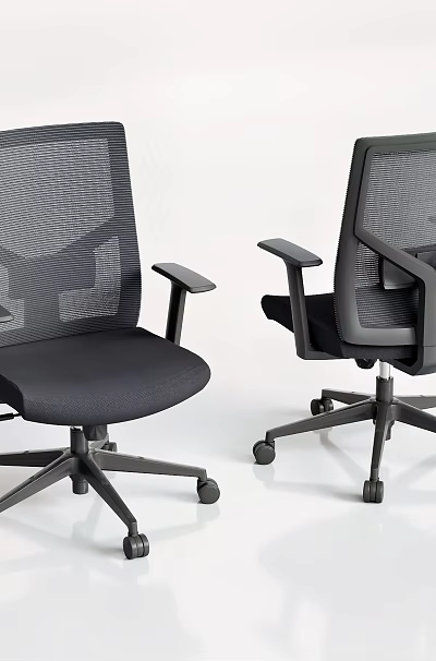 Two Black Modern Office Chairs With Mesh Back Armrests And Wheels 3d model