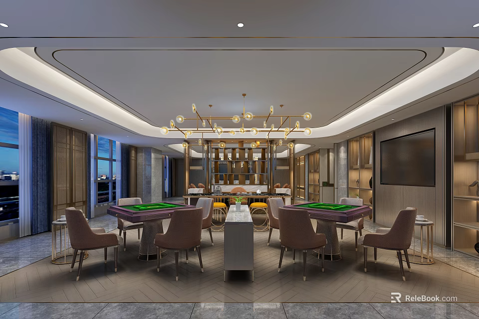 Elegant Modern Hotel Mahjong Room Interior With Green Tables Brown Chairs And Chandelier 3d model 