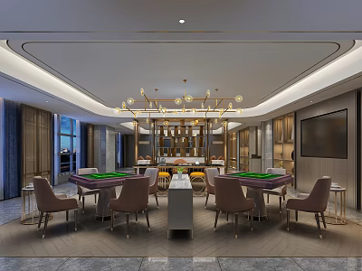 Elegant Modern Hotel Mahjong Room Interior With Green Tables Brown Chairs And Chandelier 3d model