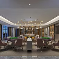 Elegant Modern Hotel Mahjong Room Interior With Green Tables Brown Chairs And Chandelier