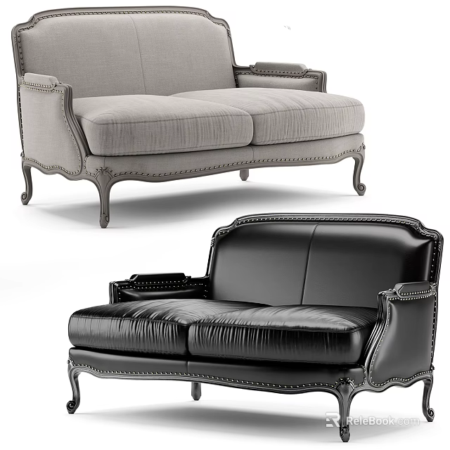Light Gray Fabric and Black Leather Two Seater Sofas with Elegant Leg Design 3d model