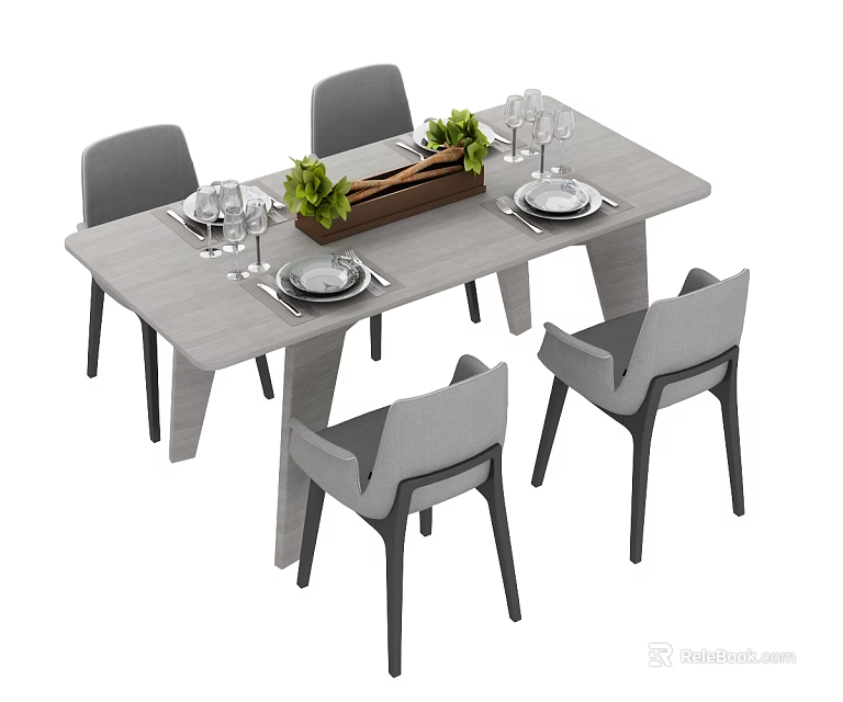 Modern Rectangular Dining Table Set With Four Grey Chairs Plates Glasses And Green Plant 3d model