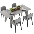 Modern Rectangular Dining Table Set With Four Grey Chairs Plates Glasses And Green Plant 3d model