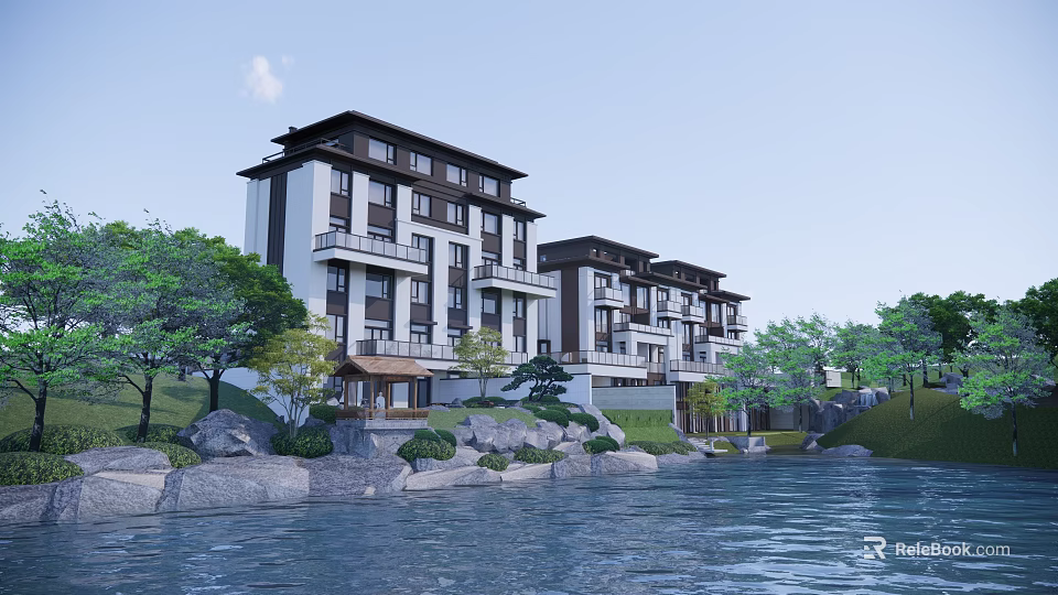 Modern Townhouse Exterior With Waterfront Greenery Stone Landscaping And Trees 3d model 