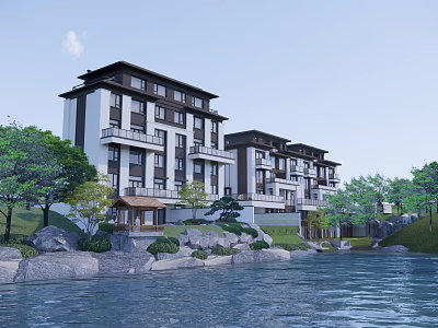 Modern Townhouse Exterior With Waterfront Greenery Stone Landscaping And Trees 3d model