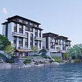 Modern Townhouse Exterior With Waterfront Greenery Stone Landscaping And Trees