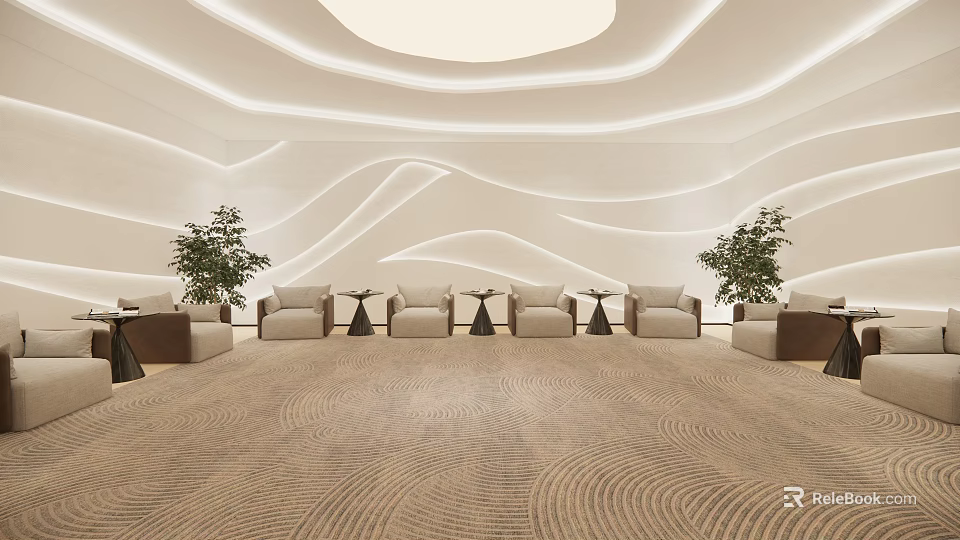 Modern Hotel Public Lounge With White Wavy Walls Soft Lighting Beige Carpet And Green Plants 3d model 