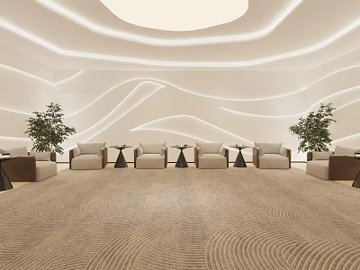 Modern Hotel Public Lounge With White Wavy Walls Soft Lighting Beige Carpet And Green Plants 3d model