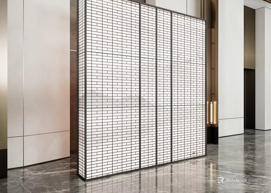 Modern Interior Partition With Glass Grid Panels And Metal Frame Design 3d model 