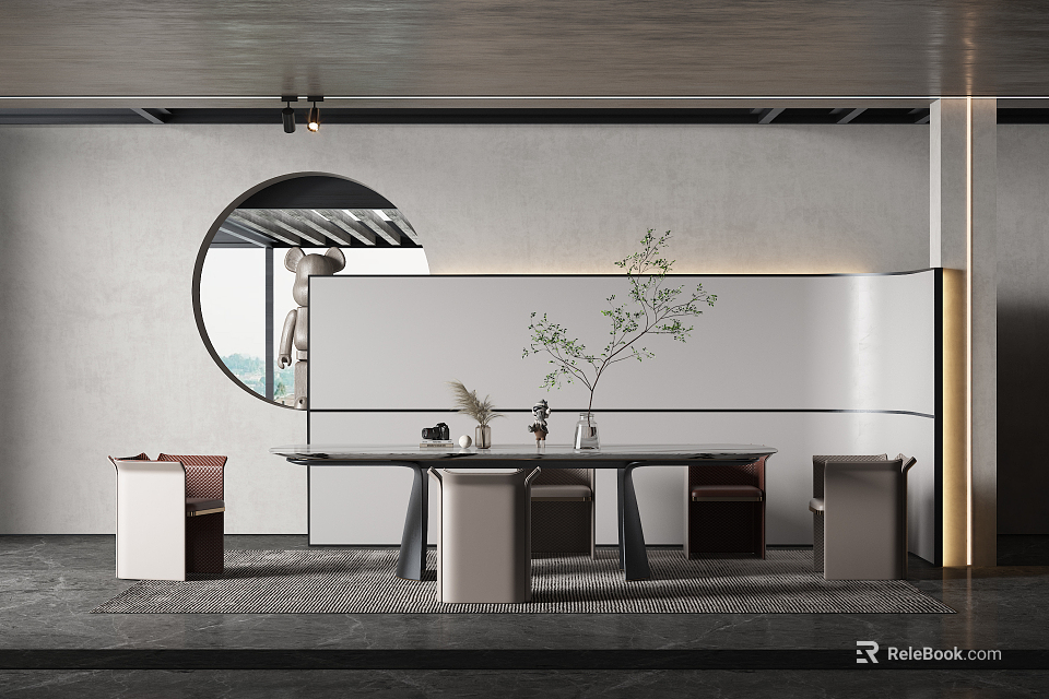 Modern Minimalist Restaurant Interior With Circular Window Long Dining Table And Green Plant 3d model 