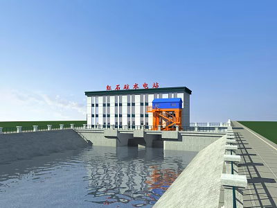 Hongshizui Hydropower Station Building Structure With Water Gates And Reservoir Area 3d model