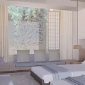 Modern Hotel Room Interior With Two Beds White Bedding Mountain View And Black Vase