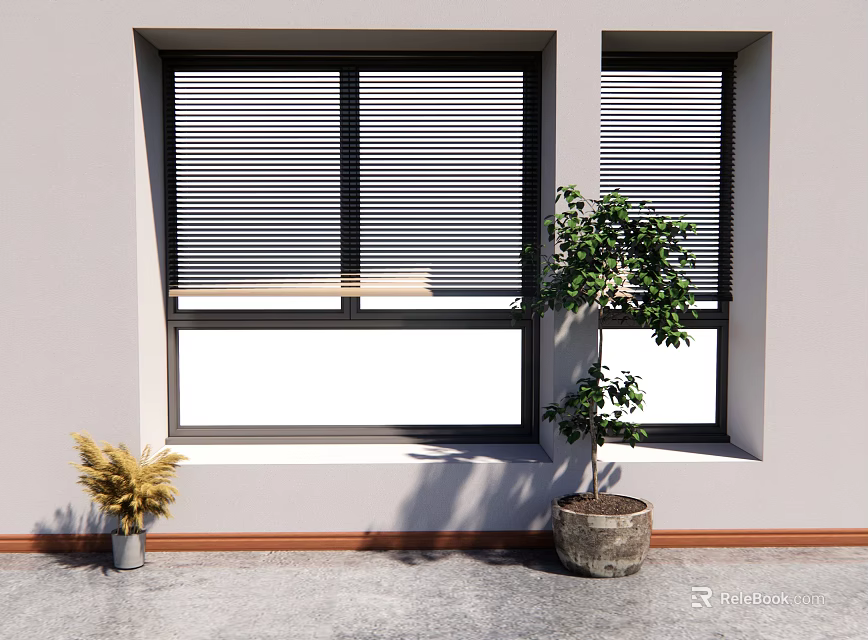 Green and Yellow Potted Plants by Window with Blinds on Light Wall and Gray Floor 3d model 