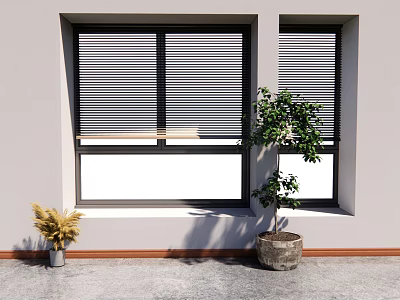 Green and Yellow Potted Plants by Window with Blinds on Light Wall and Gray Floor 3d model