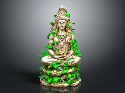 Intricate Decorative Shiva Statue Adorned With Green Vines And Lotus Base 3d model