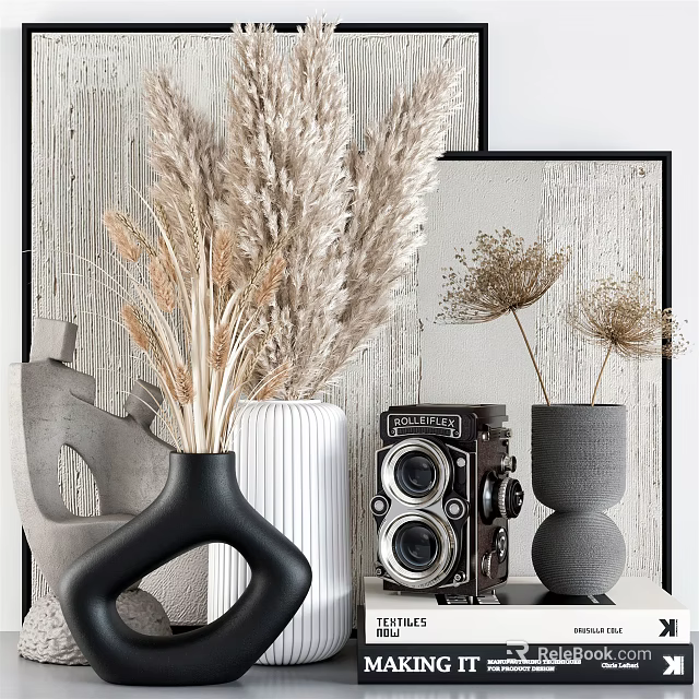Modern Decorative Ornament Combination With Vases Dried Plants Vintage Camera And Wooden Background 3d model 