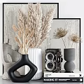 Modern Decorative Ornament Combination With Vases Dried Plants Vintage Camera And Wooden Background