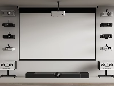 Professional Projection Monitoring Setup With Projector Screen And Surveillance Cameras 3d model