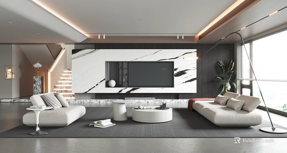 Modern Living Room Interior Design With Marble TV Wall Sofas Round Coffee Table And Plant 3d model 