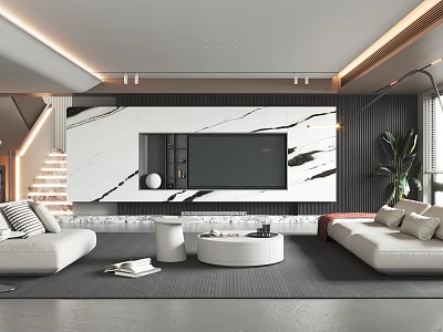 Modern Living Room Interior Design With Marble TV Wall Sofas Round Coffee Table And Plant 3d model