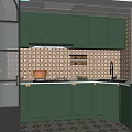 Stylish Green Kitchen Interior With Patterned Tile Backsplash Range Hood And Cabinets 3d model