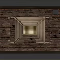 Elevated Wooden Log Cabin Structure With Deck Railing Sloped Roof And Lit Windows