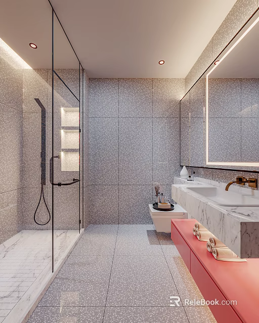Modern Bathroom With Glass Shower Gray Tiles Marble Countertops Double Sinks Gold Faucets Pink Cabinet 3d model 