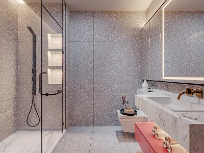 Modern Bathroom With Glass Shower Gray Tiles Marble Countertops Double Sinks Gold Faucets Pink Cabinet 3d model