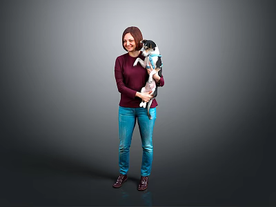 Woman Holding Small Dog in Maroon Top Blue Jeans and Brown Shoes Against Gray Background 3d model